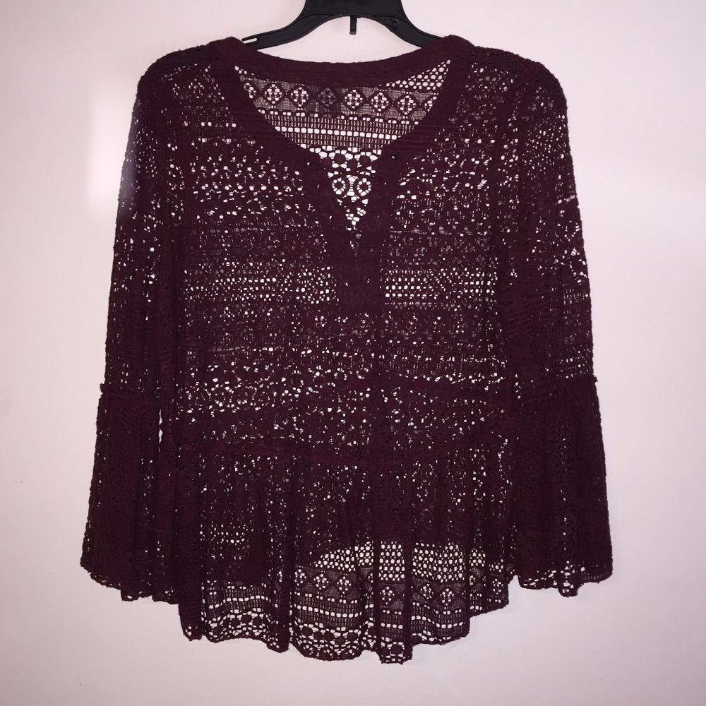 Burgundy Lace Blouse Bell Sleeves Large - Picture 2 of 5